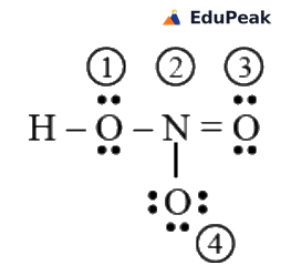 Lewis structure of nitric acid drawn as H-O-N=O with the nitrogen also single-bonded to a fourth oxygen below it. Lone pairs are shown as dots, and four atoms are circled and numbered 1 to 4: 1 is the hydroxyl oxygen bonded to H, 2 is the central nitrogen, 3 is the double-bonded oxygen, and 4 is the lower single-bonded oxygen.