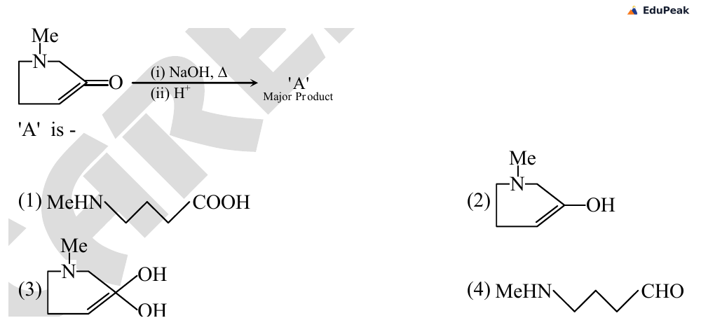 The printed reaction at the top and the four answer choices below it. The reaction shows the N-methyl lactam ring, with a Me label on the nitrogen and a double bond from a ring carbon out to an O atom. The source's drawing of this ring is faulty in two ways: it carries a spurious ring double bond from that same carbon to its neighbour, which makes that carbon pentavalent, and it is drawn with one ring vertex too many between the nitrogen and the carbonyl carbon, so the printed ring reads as six-membered even though the intended structure, and the ring drawn in the printed solution, is the five-membered lactam. A horizontal arrow labelled (i) NaOH with the heat symbol delta above and (ii) H plus below leads to A, Major Product, and the line under it reads: A is. The four choices are all drawn structures. Choice (1) is an open skeletal zig-zag chain running from a MeHN label on the left to a COOH label on the right. Choice (2) is the same N-Me ring as the stem, drawn with the same extra vertex, carrying an OH group on the carbon bearing the ring double bond. Choice (3) is that same ring carrying two OH groups on that carbon, and it too is drawn with the ring double bond. Choice (4) is an open skeletal zig-zag chain running from a MeHN label on the left to a CHO label on the right.