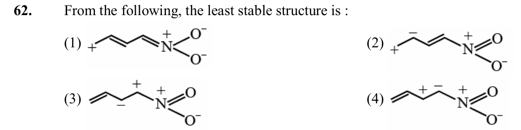 Four resonance structures of a conjugated nitro/allyl system, each showing the placement of positive and negative formal charges