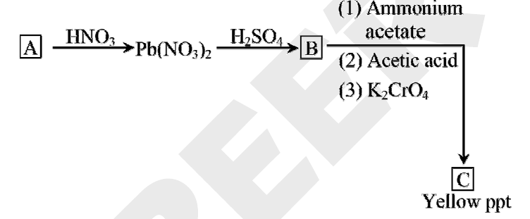 Reaction sequence box scheme: A converted by HNO3 to Pb(NO3)2, then by H2SO4 to B, then by ammonium acetate / acetic acid / K2CrO4 to yellow precipitate C.