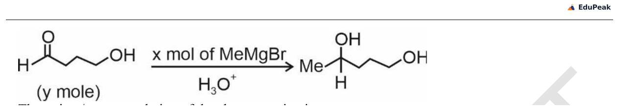 A reaction scheme. On the left is an open-chain hydroxy-aldehyde, labelled (y mole): a carbon chain carrying an aldehyde group (CHO) at one end and a hydroxyl group (OH) at the other. Over the arrow are the reagents x mol of MeMgBr and then H3O+. On the right is the product, in which the former aldehyde carbon now bears a methyl group (Me), an H and an OH, while the terminal OH of the chain is retained.