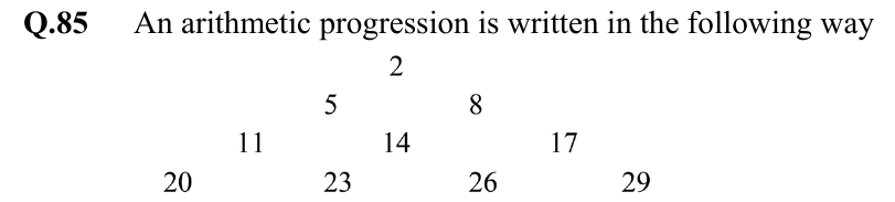 A triangular arrangement of an arithmetic progression: row 1 has \(2\); row 2 has \(5, 8\); row 3 has \(11, 14, 17\); row 4 has \(20, 23, 26, 29\); each successive row holds one more term.